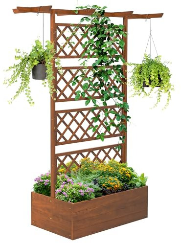Outsunny Wood Planter with Trellis, Raised Garden Bed Privacy Screen Planter Box to Grow Vegetables, Herbs and Flowers for Garden, Patio, Deck, Orange