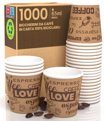 Eurocali 1000 Bicchierini in Carta da caffè 65ml LoveBrownCUP - Bicchieri Ecologici Biodegradabili Monouso Piccoli Asporto Bevande Calde