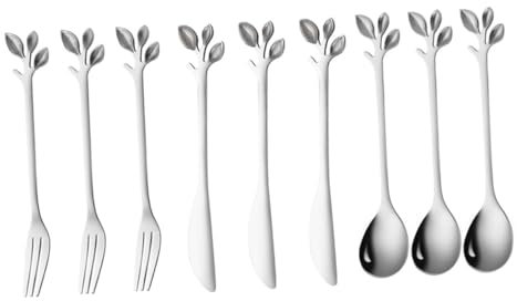 Garneck 9 Stk Geschirr Rührlöffel aus Metall Edelstahllöffel botanisches Besteck Werkzeug zum von Lebensmitteln westliches Essenswerkzeug Fütterung Blätter Rostfreier Stahl
