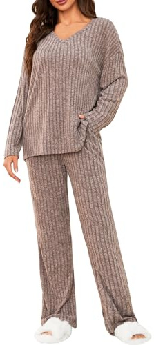 Tuopuda Zweiteiler Damen Lounge Set Rundhals Einfarbig Loungewear Gerippt Shirt Top Langärm mit Hose 2-Teiliges Hausanzug Jogginganzug Sporthose Sleepwear Freizeit Outfit, Khaki, L