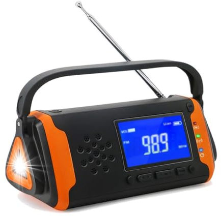 Digitales Notfallradio mit Solar- und Dynamo-Kurbel: 4000mAh Akku, Powerbank, LED-Taschenlampe und SOS-Signal