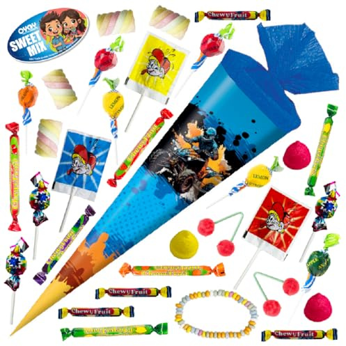 OYOY Schultüte gefüllt mit Süßigkeiten Mix I Schultüte Quad I Schultüte 35 cm I kleine Schultüte fertig gefüllt I Geschwister Schultüte I Zuckertüte klein I Einschulung Geschenk