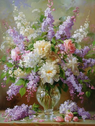 Kitquiver 5D Diamond Painting Bilder Blumenstrauß Aus Flieder In Einer Vase, Rund, Mit Strasssteinen Besetzt, Kreuzstich-Stickerei, Kunst, Basteln Für Anfänger, Geschenke, Heimdekoration 40x50cm