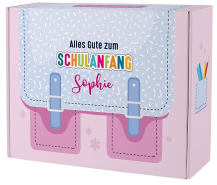 Striefchen® Geschenkverpackung Schulanfang - Geschenkkiste & Geschenkkorb für Geschenke zur Einschulung Mädchen & Jungen - Personalisierte Geschenke mit Name (Schulranzen Rosa (L))