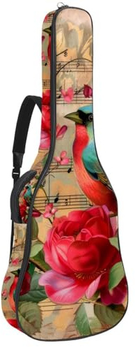 Eslifey Tasche für Akustikgitarre, Vintage, rote Vogelrosen, Musiknoten, verstellbarer Schultergurt, Gitarrenkoffer, Gigbag 101,6 cm, 104,7 cm, 106,7 cm, mehrfarbig, 42.9x16.9x4.7 in,
