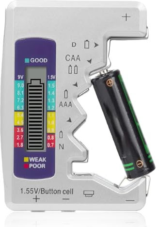 Battery Tester for Small Batteries Universal Household Battery Tester Checker with LCD Display Digital Battery Level Tester for C AA AAA D N 9V 6F22 1.5V Button Cell Safety Silver