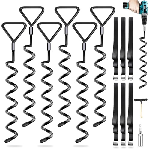 Trampoline Stakes Ground Anchors Screw in, Trampoline Anchors with Strong Straps, Spiral Earth Swing Set Anchor Heavy Duty for Trampolines(Black-6Pack)