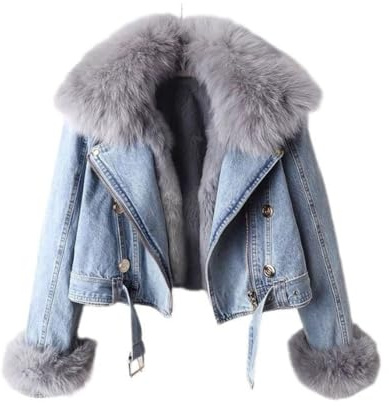 FM2018XSL Giacca Denim Invernale da Donna Corta Calda Cappotto Jeans con Fodera in Pelliccia Sintetica Rimovibile Giacca Pelosa (IT, Testo, L, Regular, Regular, blu)