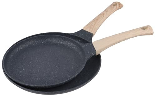 CHUENKUK Juego de 2 sartenes para crepe de 20 cm y 24 cm, sartén plana antiadherente con asas de madera para cocinas y cocinas de inducción