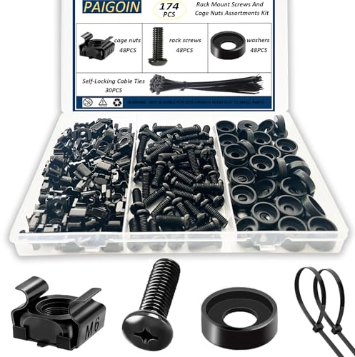 174 PCS M6 Rack Screws and cage Nuts Assortment Kit, Cage Screws and Nuts Washers Set for Mount Server Rack, Router Rack, Shelves, (M6 x 16mm), Black Zinc, with Free Self-Locking Cable Ties