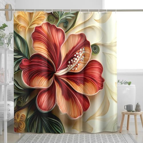 Paper Quilling Art Hibiscus Shower Curtain Set, 3D Flower Shower Curtain, Modern Floral Bathroom Accessories, Fabric Decorative -72 Inch