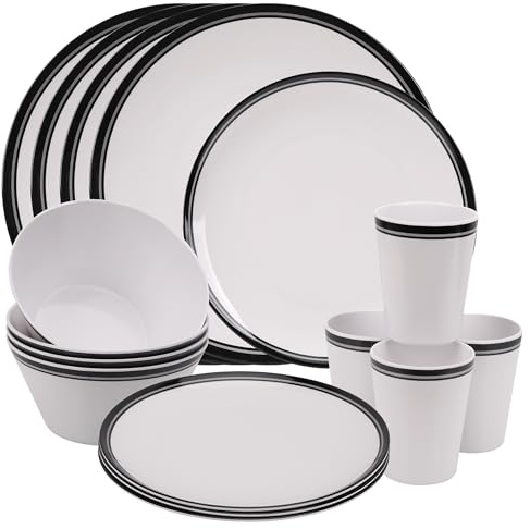 16-Piece Black & White Striped Melamine Dinner Set | Plates, Dessert Plates, Bowls & Cups | Service for 4 | Reusable & Lightweight | Perfect for Indoor, Outdoor, Picnics & Camping