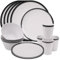 Juego de vajilla de melamina a rayas blancas y negras de 16 piezas | Platos, platos de postre, cuencos y tazas | Servicio para 4 | Reutilizable y ligero | Perfecto para interiores, exteriores, picnics