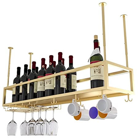 YQYQMZDP Goldenes Weinregal aus Metall für die Decke, Weinregal aus Metall, Präsentationsregal für Weingläser, mit Regal für Stielgläser, für die Küchenbar unter dem Schrank, verstellbare Höhe und Br
