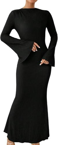 SweatyRocks Damen Langarm Maxikleid Elegant Stretch Kleider Herbst Maxikleider mit Ausgestellten Ärmeln Bodycon Kleid Freizeitkleid Für Party Schwarz XL
