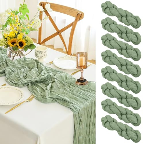 Ezvsevuo 8 STK. Tischläufer Grün 90 x 300 cm - Rustikale Gaze Käsetuch Tischläufer, Boho Dekostoff für Hochzeitsdeko Gartenparty, Brautparty, Geburtstag Deko & Tischdeko (Salbeigrün)