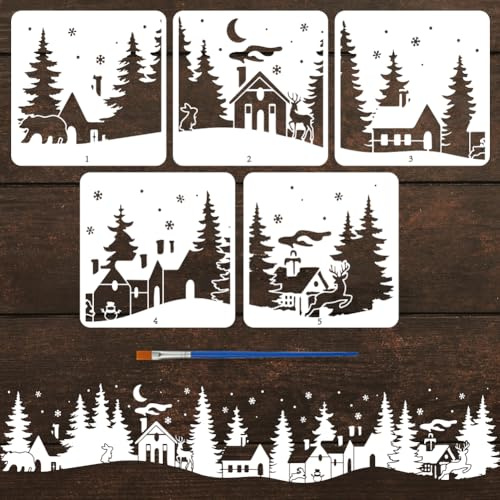 FINGERINSPIRE 5 stilar vinter skogshus schabloner med en borste 30 x 30 cm vinter by målning schabloner julschablon för fönsterglas PET vinterteman mall för väggdekoration