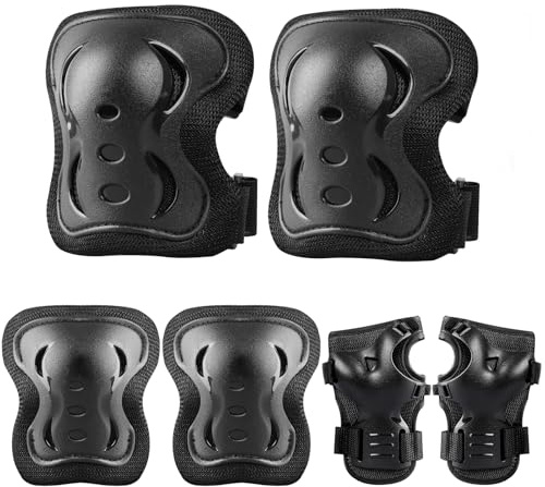 Plusawa Knieschoner Kinder Schoner Inliner Kind 6er Set Kinder Schützer Ellenbogenschoner für Fahrradfahren, Roller, Inlineskating, Eislaufen (Schwarz, s)