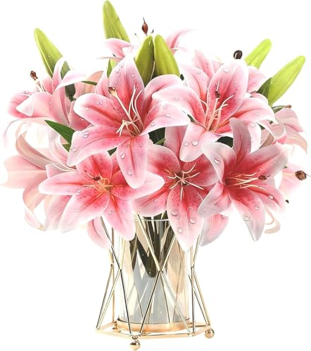HNVNER 6 Pcs Artificial Lilies Flowers Set, 3D Printing Fake Faux Lily Flowers with 12 Heads Fully Bloomed and 6 Buds for Home Table Decorations Wedding Party Office (Pink)