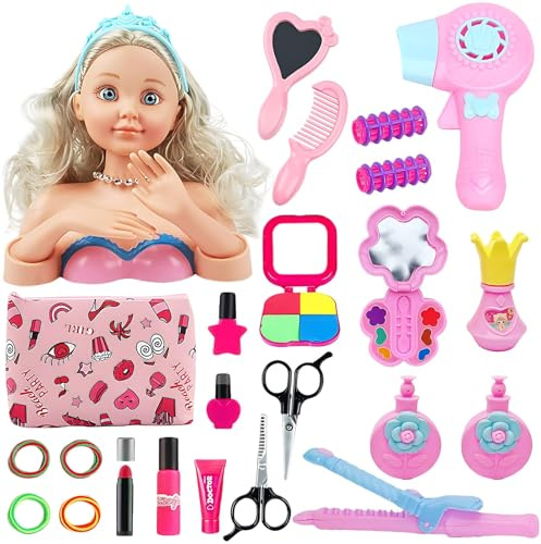 Testa per parrucchiere per bambini, testa per trucco per ragazze, un set completo con testa della bambola, trousse per cosmetici, specchi, pettine e altro ancora, perfetto per le ragazze