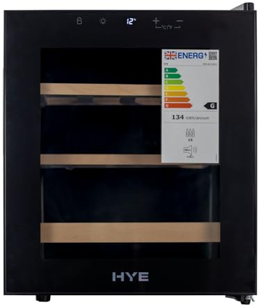 HYE Wine Cooler - Wine Fridge With 15 Bottle/46L Storage, 43CM Width, Wooden Shelves, LED Top Lighting, Temperature Range Adjustment, 40 dB Operation, Perfect For Kitchens & Home Bars - RF01WC15B31