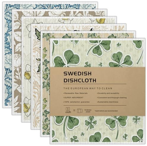 AlGuirnex Swedish Dishcloth 6 Pack - Super Absorbent Reusable Dish Cloths, Biodegradable Compostable Cleaning Cloth, Food-safe Plastic-free Dishcloths for Dishes, Surfaces (Floral)