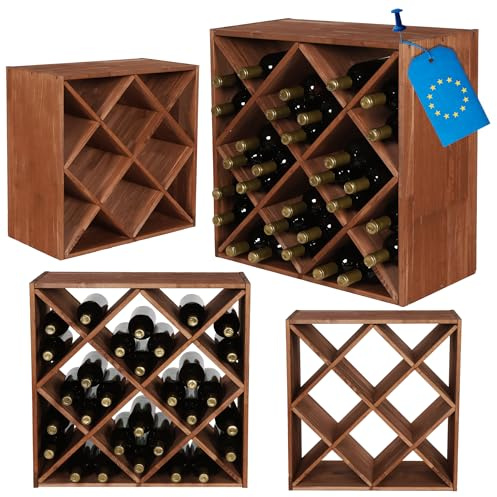 MODO24 X-Weinregal Massivholz 30 Flaschen Stapelbar 60x60x30 cm, Braun | Modulares Flaschenregal in X-Form, Dekorativer Weinständer & Kellerregal aus Massivholz für Küche, Wohnzimmer & Weinkeller