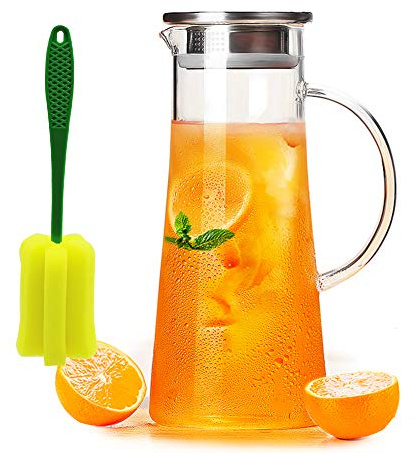 H-Risen - Jarra de Agua de Cristal con Tapa y Boquilla, Resistente al Calor para Agua fría y Caliente, 1500 ml