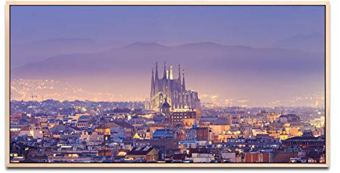 Skyline Barcelona ca. 130x70cm Wandbild inklusive Schattenfugenrahmen naturfarbend - Panorama Leinwand Bild XXL Format Wandbilder Wohnzimmer Wohnung Deko Kunstdrucke