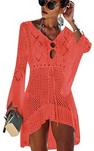 Womens Beachwear Cover Ups, Women's Bathing Suit Cover Up Beach Bikini Swimsuit Swimwear Crochet Dress (A - Orange)