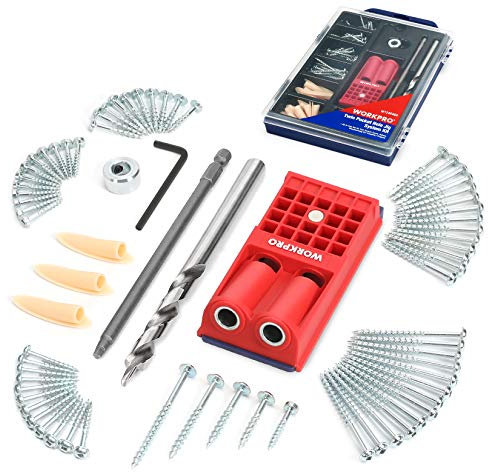 WORKPRO - Complete Pocket Hole Drilling Jig Kit - 125 Pieces - Jig Kit with 100 Self Tapping Screws and 20 Plugs - Woodworking Guide - Woodworking Oblique Hole Positioner