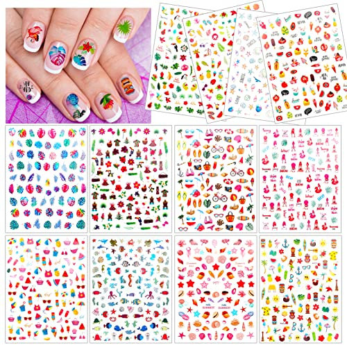 HOWAF Más de 1100 calcomanías 3D de verano para mujeres y niñas, calcomanías de manicura de uñas hawaianas, flores de hibisco de palma, calcomanías de uñas postizas para arte corporal, accesorios de
