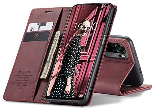 Chocoyi Schutzhülle aus Kunstleder für Xiaomi Redmi Note 10 4G/Note 10S, Schutzhülle aus PU-Leder, Magnetverschluss, Kartenfächer, Standfunktion, Rot