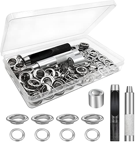 Ösen Set 12mm, Ösen für Planen, Grommet Werkzeug Kit 100 Teile (1/2 Zoll ID), Ösenstanze mit Aufbewahrungsbox, für Stoff Leder Planen Markisen Zelte Tasche Schuhe (Silber)