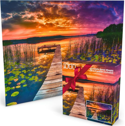 Puzzles for Adults 1000 Pieces - Ideal Gift for Loved Ones, Gift-Ready Box, Letters on Back, 8 Jigsaw Puzzle Saver Sheets & Full-Size Poster - Scenic Landscape Sunset with Dock & Lilies by GERJATO