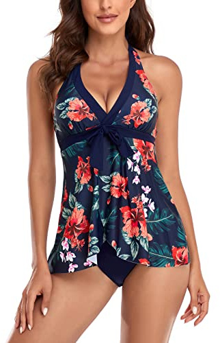 FLYILY Costume da Bagno Due Pezzi Tankini Set Beachwear Moda Stampa Costumi da Bagno Set con Boyshort(3-BlueLeaf,S)