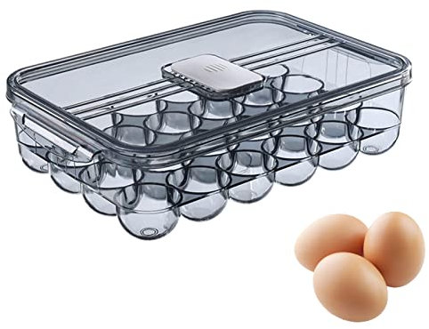 FIYSON 24 Grilles Boîte à Oeufs en Plastique avec couvercle et poignées latérales, Boîte Rangement D'?ufs à Tiroir, Boite Rangement des Oeufs Frigo Transparent Empilable convient à la cuisine (gris)