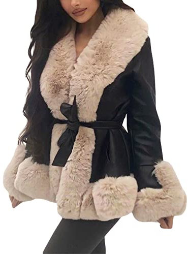 Owegvia Damen dicken warmen Kunstpelz Strickjacke Lederjacke Plüsch Kragen Manschetten vorne offen Strickjacke Mantel Pu Outwear mit Gürtel Streetwear (Schwarz, M)