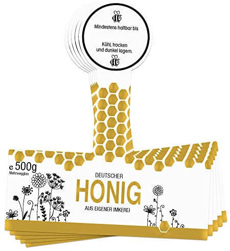 Apoidea – Honig Etiketten 500 g mit Goldveredlung & Gewährverschluss selbstklebend & personalisierbar - 50 Stück/Etiketten Honiggläser/Honig Aufkleber für selbstgemachten Honig/Honigetiketten