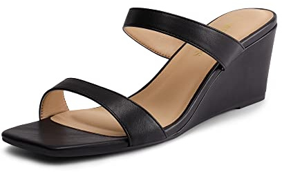DREAM PAIRS Women Slides Wedge Sandals Square Open Toe Dress Casual Strappy Summer Shoes,Size 10,Black,SDPW2302W
