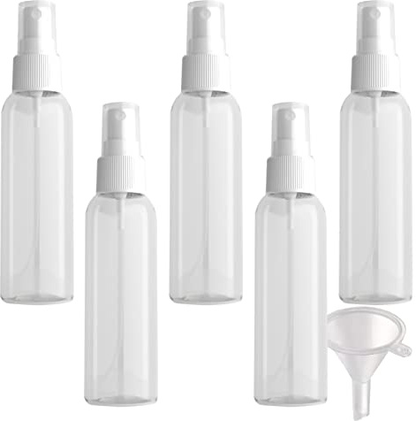 PQPAUTY 5 Piezas Pequeño 120ml Botella de Spray Plástico PET Vacías Transparentes con Bomba en Spray Blanco de Niebla Atomizador para Perfume Viaje Artículos de Agua Cosmético, 1 Pieza Embudo