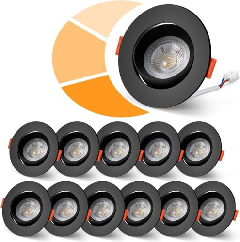wowatt 12er LED Einbaustrahler Schwarz 3 Stufe Dimmbar, 5W Spots LED 230V Warmweiß 3000K Deckenspots Schwenkbar 480LM Einbauleuchten Flach Loch 68-80mm Einbauspots für Küche Wohnzimmer