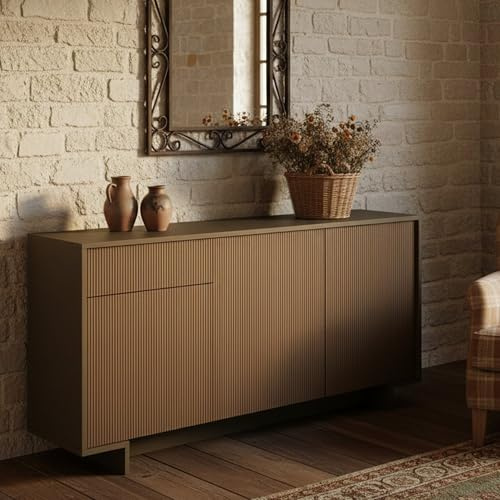 Dmora - Credenza Agrifoglio, Madia da salotto, Buffet da soggiorno a 3 ante e 1 cassetto, 100% Made in Italy, 170x42h78 cm, Marrone e Noce