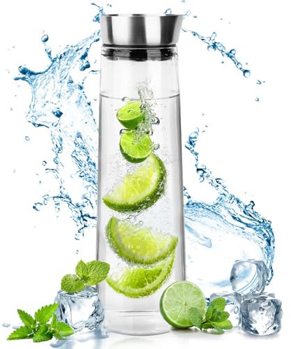 Caraffa in vetro 1.5 litri,Caraffa Vetro con Acciaio inossidabile Coperchio,Trasparente e Resistente Brocca Acqua Vetro, Caraffa Refrigerante per il tè Freddo, Caffè, Latte