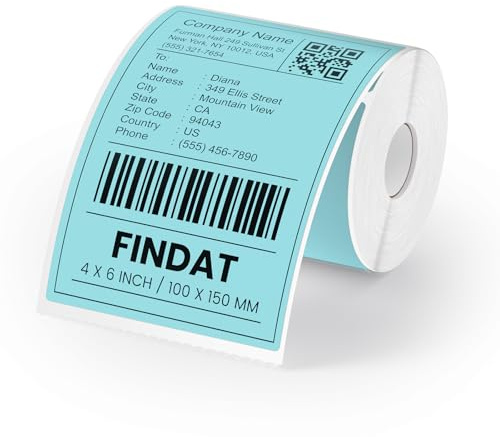 FINDAT Azul Etiqueta Térmica Autoadhesiva 4 x 6 Etiqueta de Envío Imprimible Rectangular Pegatina Térmica Impermeable para Direccion Oficina Código de Barras Logotipos 250 Pieza
