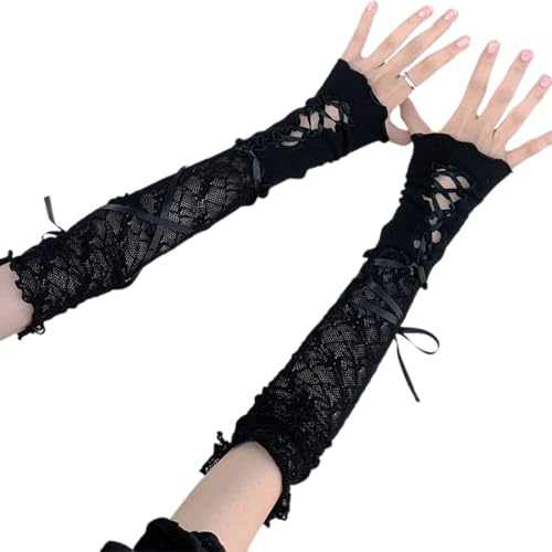 KGDUYC Handschuhe & Fäustlinge für Damen Lange Spitzen-Schleifenhandschuhe für Damen, Vintage-Spitze, Brauthandschuhe, Hochzeit, Oper, Zubehör für Damen (schwarz)