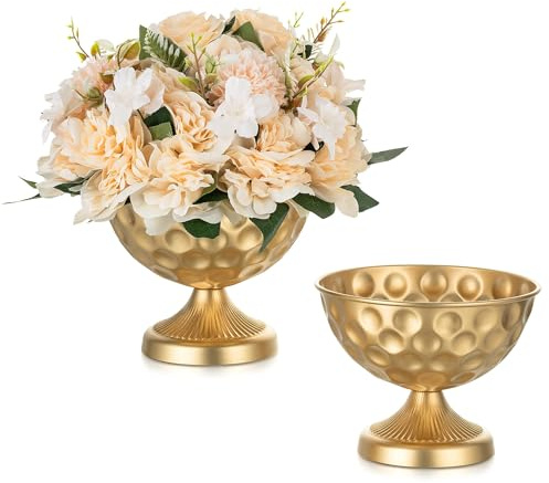 Sziqiqi Vase Gold Kleine für Hochzeit: 15.5 cm Hoch Metall Urne Vasen Set of 2 - Blumentopf Goldene für Tischdeko - Vintage Blumenvase für Party Taufe Valentinstag | Goldene Urnenvase, 15,5 cm, 20,6 cm breite Öffnung, Sockel, Blumenarrangements, Tisch, Party, Event, Heimdekoration