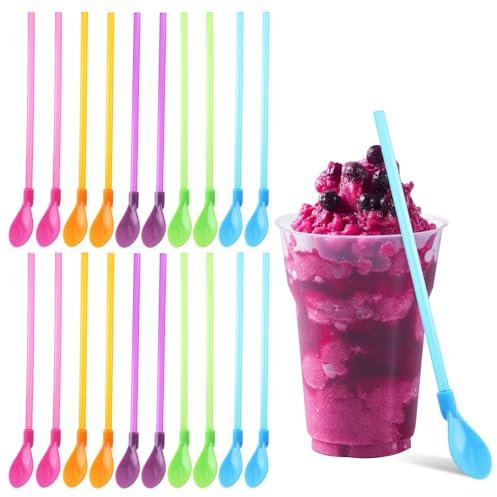 40 Pieces Slush Straws, Colored Straw Spoon 2 in 1, Plastic Reusable Straws, Eco-Friendly, Reusable Straws Spoon Suitable for Smoothies Milkshakes Coffee Cocktail Juice Tea.