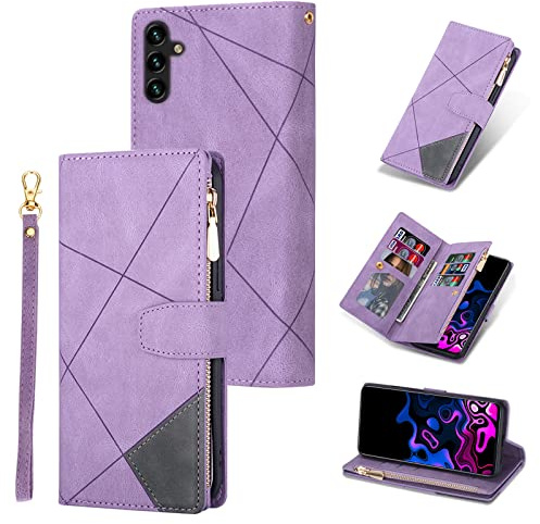 UEEBAI Wallet Case for Samsung Galaxy S25 & S24, Retro 9 Card Holder Slots Zipper Pocket Handbag Case PU Leather Magnetic Closure Kickstand with Wrist Strap TPU Shockproof Flip Case - Purple