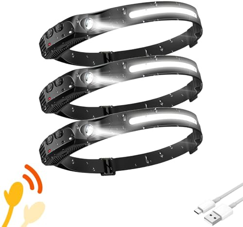 Linterna frontal de 3 piezas, lámpara de cabeza de haz ancho de 230°, sensor de movimiento LED, recargable, linterna frontal de 5 modos para camping, pesca, senderismo, equipo brillante e ideal para
